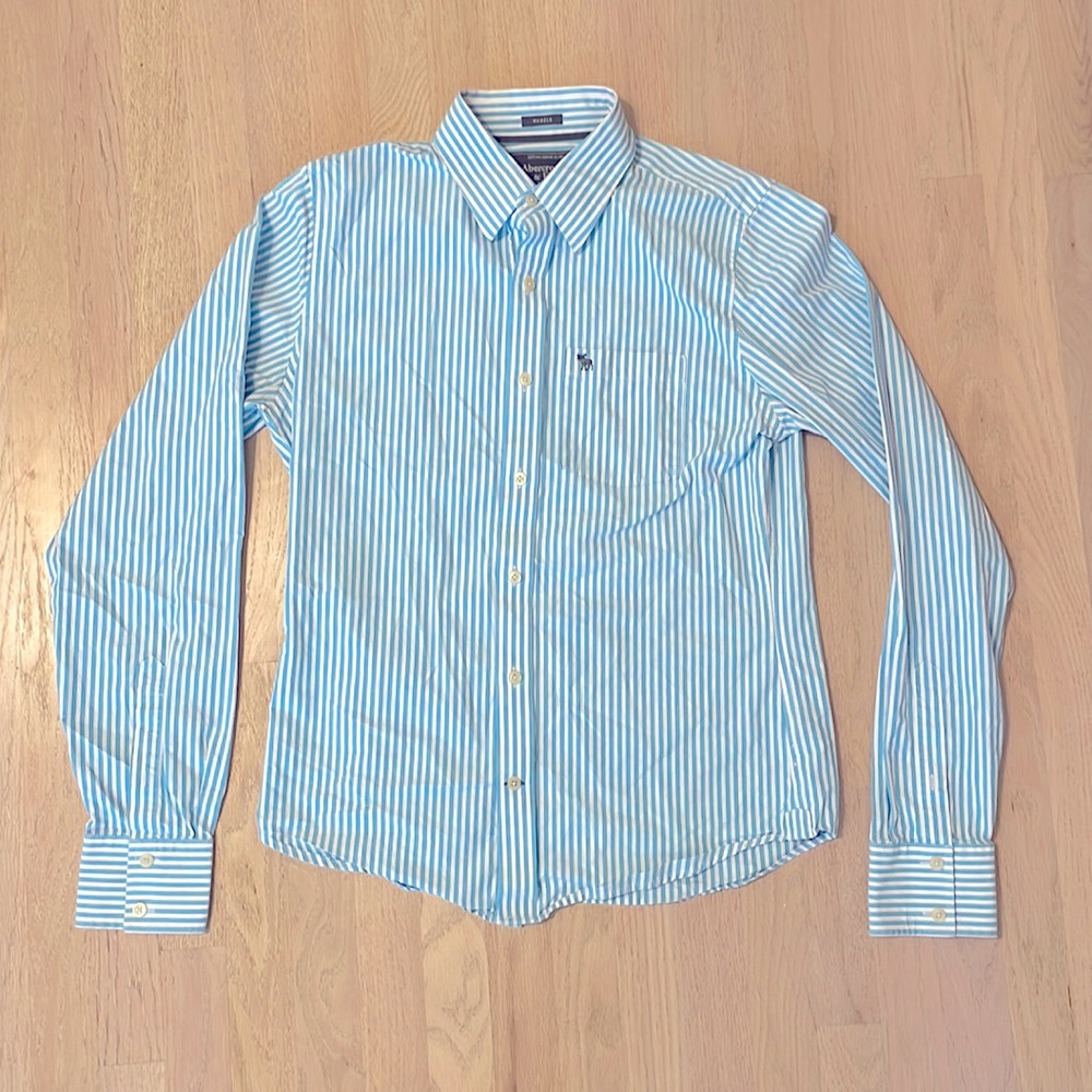 Abercrombie & Fitch Mens Button-Down Light Blue & White Striped Muscle Medium